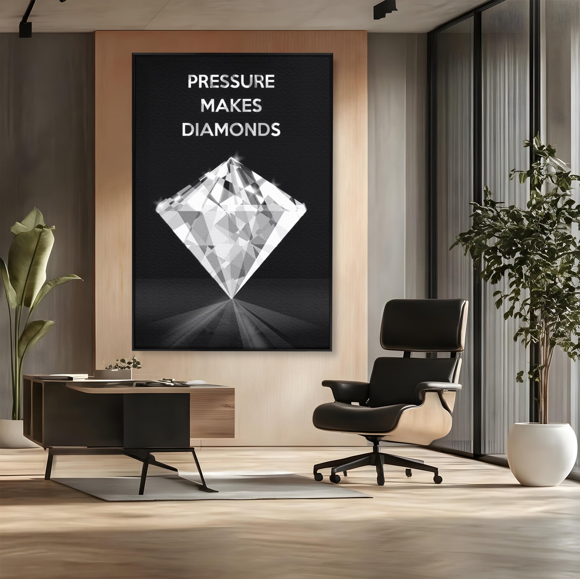Tablou canvas cu tablou motivational cu diamant argintiu, in rama de aluminiu negru, pe perete intr-un birou